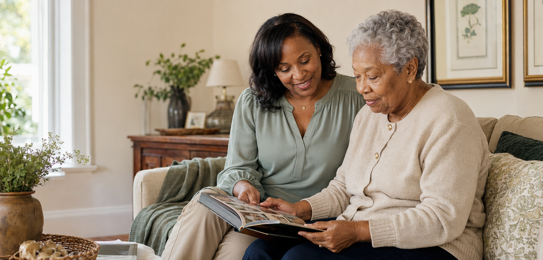 A caregiver and an older adult sitting together on a living room couch, looking through a photo album and sharing memories